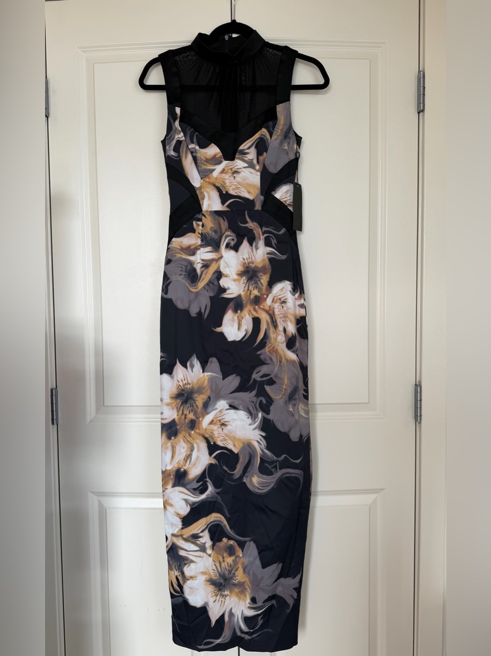 Karen Millen Black Floral Maxi Dress with Cream and Tan Accents